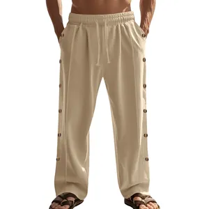Pantalon en lin décontracté beige pour hommes avec cordon de serrage et boutons