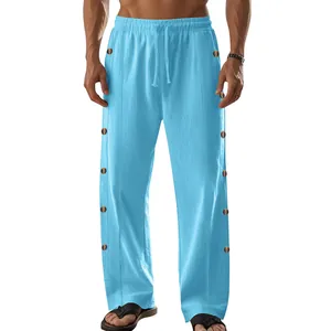 Pantalon décontracté en lin bleu clair pour homme avec boutons et cordon
