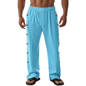 Pantalon en lin décontracté bleu clair pour homme avec cordon de serrage et boutons