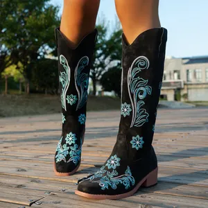 Elegant black knee-high knight boots with blue floral embroidery and square heel