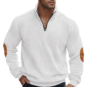 Sweat-shirt à col montant zippé en velours côtelé blanc avec coudières pour homme