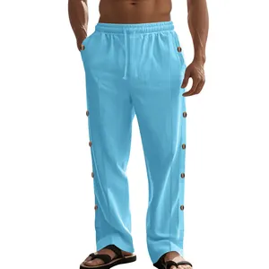 Pantalon en lin bleu clair pour homme avec boutons latéraux et taille à cordon