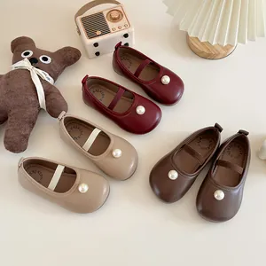 Kids Girls Artificial Pearl Mary Jane Shoes Soft Sole Princess Wedding Party Shoes Comfortable PU Leather School Flat Shoes