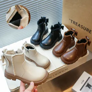 Bottines Martin pour Filles Avec Nœud Papillon Hiver Chaud Doublé de Polaire Cuir Synthétique Antidérapant Fermeture Éclair
