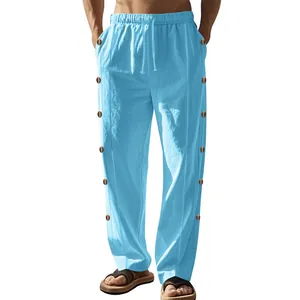 Pantalon en Lin Décontracté pour Hommes Jambe Droite Avec Cordon de Serrage Taille Élastique Décoration de Boutons Latéraux Confortable