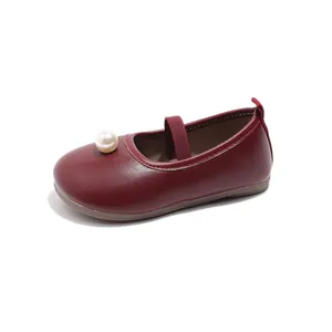 Elegant burgundy girls' Mary Jane princess shoes with pearl detail and soft sole