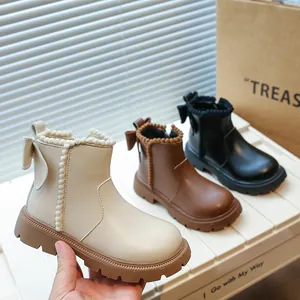 Bottes Martin chaudes pour filles automne hiver avec nœud décoratif et bordure à pompons