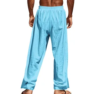 Vue arrière du pantalon décontracté en lin bleu clair pour homme, coupe droite