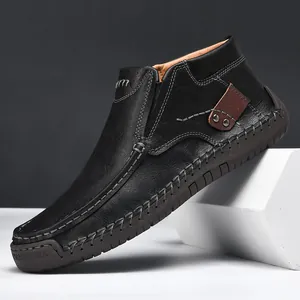 Hand-stitched black high-top leather loafers for men, casual slip-on outdoor shoes