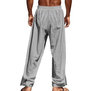 Vue arrière du pantalon en lin gris pour hommes avec coupe droite et décontractée