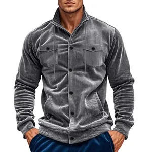 Mens Retro Corduroy Jacket Casual Stand Collar Multi-Pocket Outerwear Vintage Solid Color Long Sleeve Coat