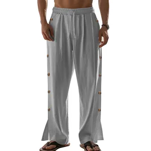 Pantalon décontracté en lin gris pour homme avec cordon et boutons