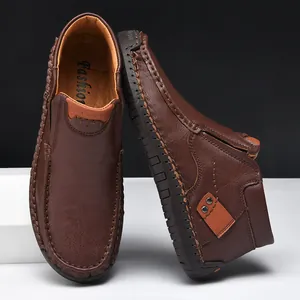 Men's hand-stitched brown leather loafers casual outdoor slip-on shoes with fashion insole
