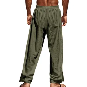 Vue arrière d'un pantalon en lin vert olive décontracté avec cordon de serrage pour homme.