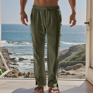Pantalon en lin vert olive élégant avec boutons latéraux et taille à cordon serrage