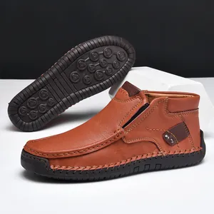 Men's High-Top Leather Casual Loafers Hand-Stitched Slip-On Outdoor Shoes Comfortable Flat Non-Slip Rubber Sole Fashion British Style Footwear