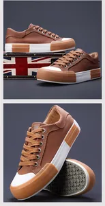 Detailed close-up views of brown canvas sneakers with durable non-slip rubber soles for men.