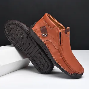 Brown hand-stitched leather loafers for men with non-slip rubber soles