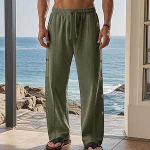 Pantalon décontracté en lin vert olive pour homme avec cordon de serrage et boutons