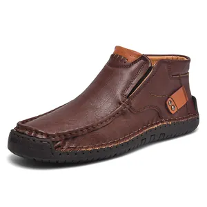 Mocassini alti da uomo in pelle marrone cuciti a mano, scarpe casual slip-on