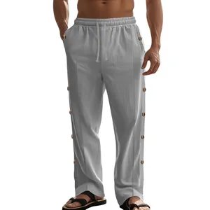 Pantalon droit en lin gris pour homme avec cordon de serrage et boutons latéraux
