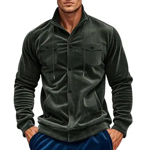 Macro view of men's dark green corduroy jacket with ribbed texture and flap chest pockets