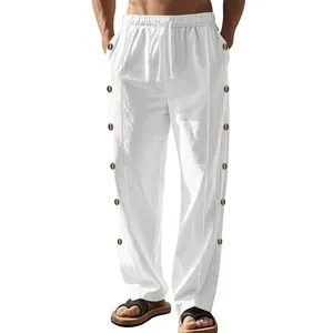 Pantalon en lin blanc pour homme avec cordon de serrage et boutons latéraux chic