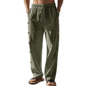 Pantalon en lin pour homme vert olive avec cordon de serrage et boutons latéraux décoratifs