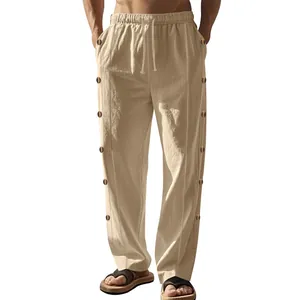 Pantalon d'été en lin pour homme avec cordon de serrage et boutons latéraux