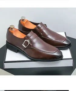 Classic brown monk strap leather shoes for men, business casual style detail view
