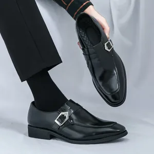 Men Business Casual PU Leather Monk Strap Shoes Glossy Solid Color Round Toe Breathable Waterproof Formal Loafers For Men