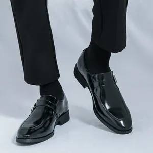 Classic black men's monk strap leather business shoes with elegant buckle detail