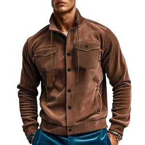 Detailed macro view of men's brown corduroy work jacket featuring high-quality textured ribbing.