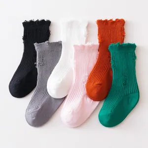 Fashionable Distressed Hole Cotton Kids Socks Solid Color Mid-Calf INS Trendy Double Needle Ribbed Knitted Children Socks