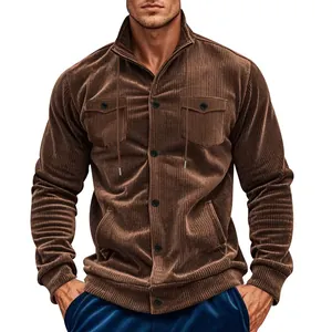 Macro view of brown corduroy men's jacket showing ribbed texture and button detail