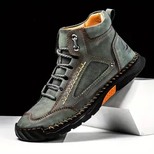 Casual men's handmade stitched grey PU leather ankle boots with bright orange accents