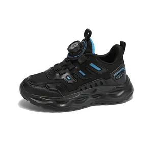 Breathable black mesh kids sneakers with rotary buckle system for boys and girls