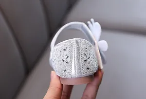 Close-up of sparkling silver sequins and crystal details on the heel of this girl's dress shoe