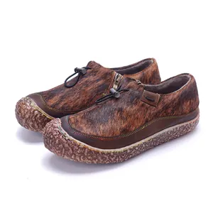 Women Retro Casual Genuine Leather Loafers Hand Stitched Horsehair Patchwork Flats Comfortable Slip On Single Shoes