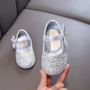 Elegant silver glittery girls princess shoes with rhinestone butterfly for party and performance