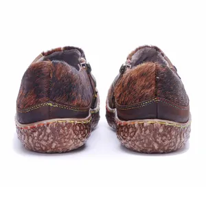 Back view detail of women's handmade leather horsehair patchwork retro casual shoes.