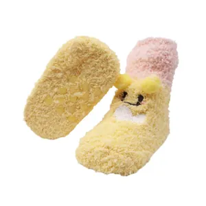 Cute cartoon plush baby socks with non-slip silicone dots for infant floor safety