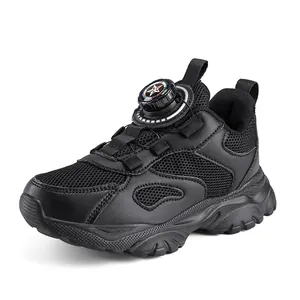 Durable boys' black breathable mesh sneakers with quick-fit rotary dial buckle