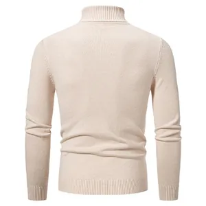 Back view of a classic beige men's turtleneck knit sweater with ribbed cuffs and hem