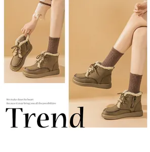 Women's shearling-lined lace-up winter snow boots with flat sole and warm lining