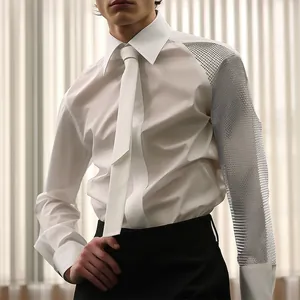 Men French High-end Mesh Patchwork Long Sleeve Shirt Solid Color Banquet Performance Formal Shirt Elegant Gentleman Top