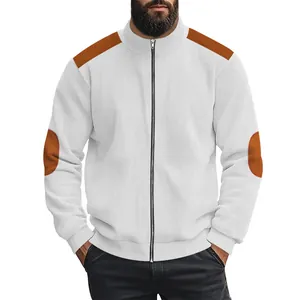 Detailed view of men's white zip-up jacket with brown elbow and shoulder patches