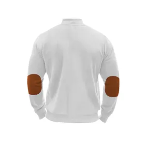 Back view of men's white ribbed knit cardigan with classic brown elbow patches