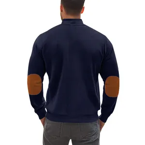 Back view of navy blue ribbed jacket for men featuring contrast brown elbow patches