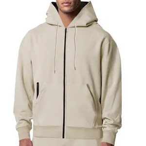 Sweat à capuche zippé en polaire pour homme de couleur crème style minimaliste